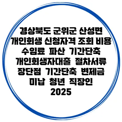 경상북도 군위군 산성면 개인회생 신청자격 조회 비용 수임료 | 파산 | 기간단축 | 개인회생자대출 | 절차서류 | 장단점 | 기간단축 | 변제금 미납 | 청년 | 직장인 2025