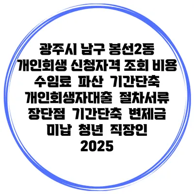 광주시 남구 봉선2동 개인회생 신청자격 조회 비용 수임료 | 파산 | 기간단축 | 개인회생자대출 | 절차서류 | 장단점 | 기간단축 | 변제금 미납 | 청년 | 직장인 2025
