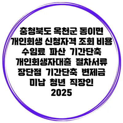 충청북도 옥천군 동이면 개인회생 신청자격 조회 비용 수임료 | 파산 | 기간단축 | 개인회생자대출 | 절차서류 | 장단점 | 기간단축 | 변제금 미납 | 청년 | 직장인 2025